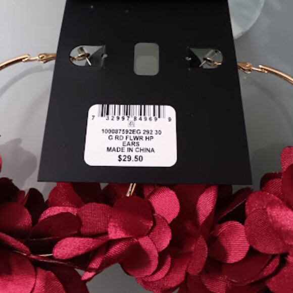 INC Glamorous Gold Burgundy Flower Statement Hoop Earrings**NEW! - Picture 4 of 6